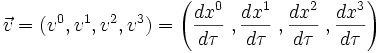 \vec{v} = (v^0,v^1,v^2,v^3) =  \left( \frac{dx^0}{d\tau}\;,\frac{dx^1}{d\tau}\;, \frac{dx^2}{d\tau}\;, \frac{dx^3}{d\tau} \right)